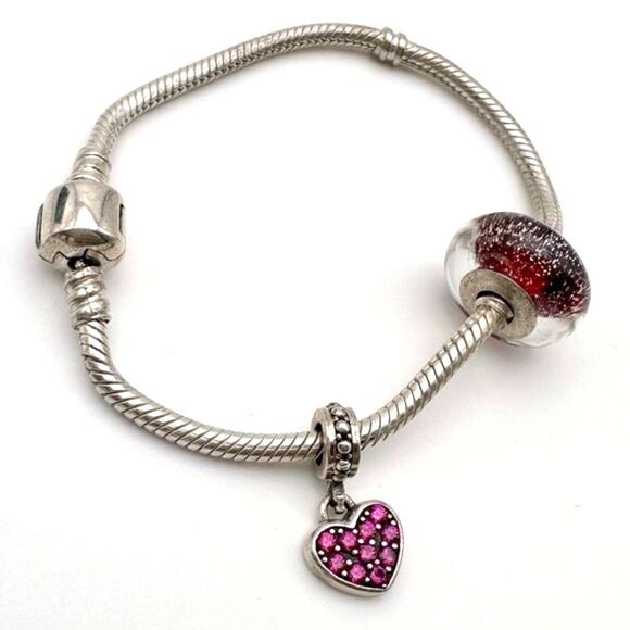 Pandora Sterling Silver Bracelet w/ Red Rhinestone Pave Heart Dangle Charm - Picture 2 of 8